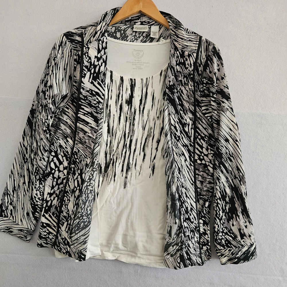 Zenergy by Chicos 2 Piece Jacket Tank Set‎ Black White Abstract Metallic Size 2